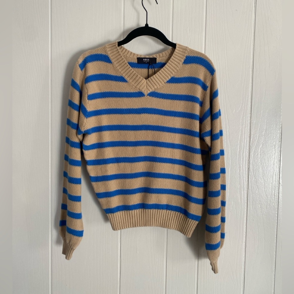 NWT ABLE Haven Seed Stitch Sweater in Brown Sugar/ Blue Stripe XS - Picture 7 of 7